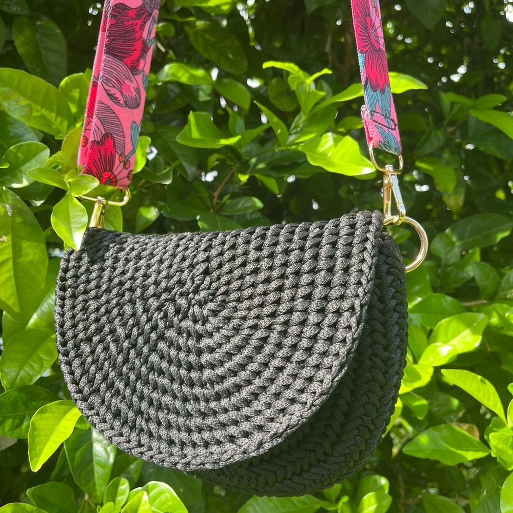 Black Woven Shoulder Bag with Pink Floral Strap